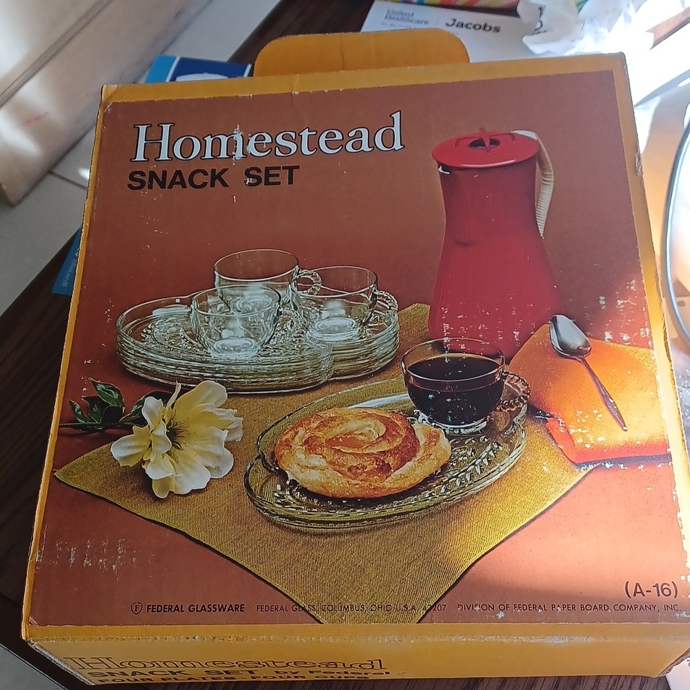 Vintage Federal Glass, "Homestead" also known as "Hospitality" Snack Set, in box